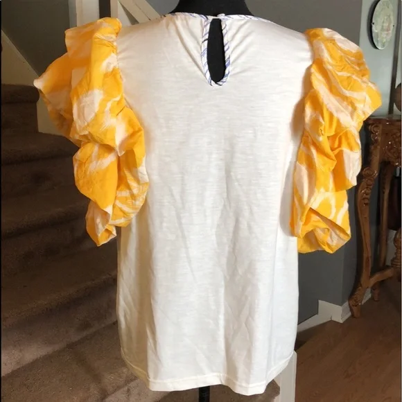 White Top Yellow and White Puffy Ruffle Sleeves Boutique - Picture 3 of 6